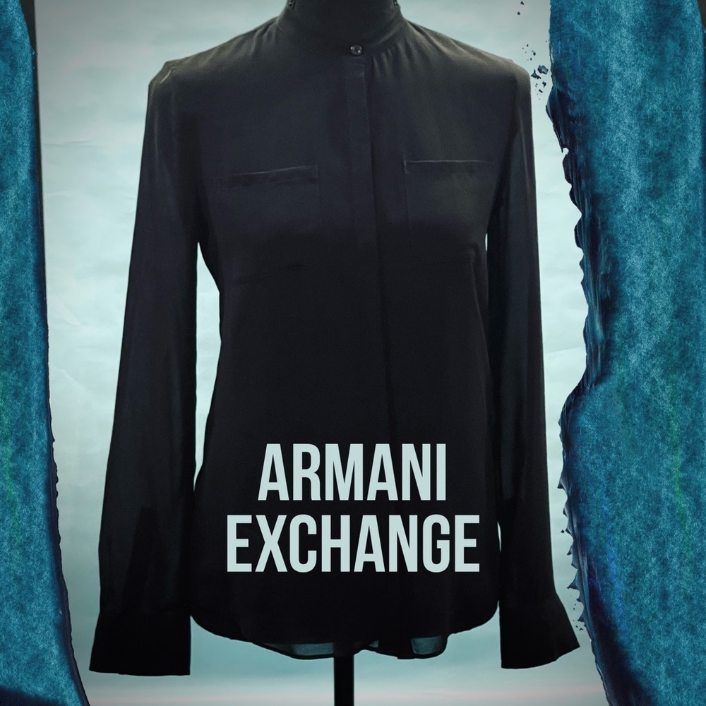 Armani Exchange Black Organza Lined Blouse Mandarin Collar XS